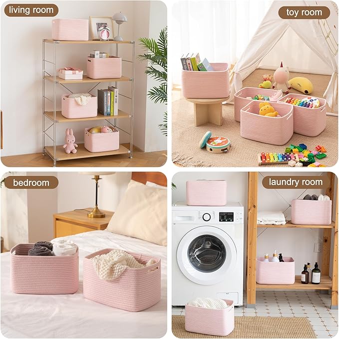 OIASKET Storage Baskets for Organizing, Woven Decorative Baskets for Shelves - Books, Towels, and Clothes, Cotton Rope Toy Storage Bins, 12.7''Lx9''Wx7.8''H, Pack of 4, Pink