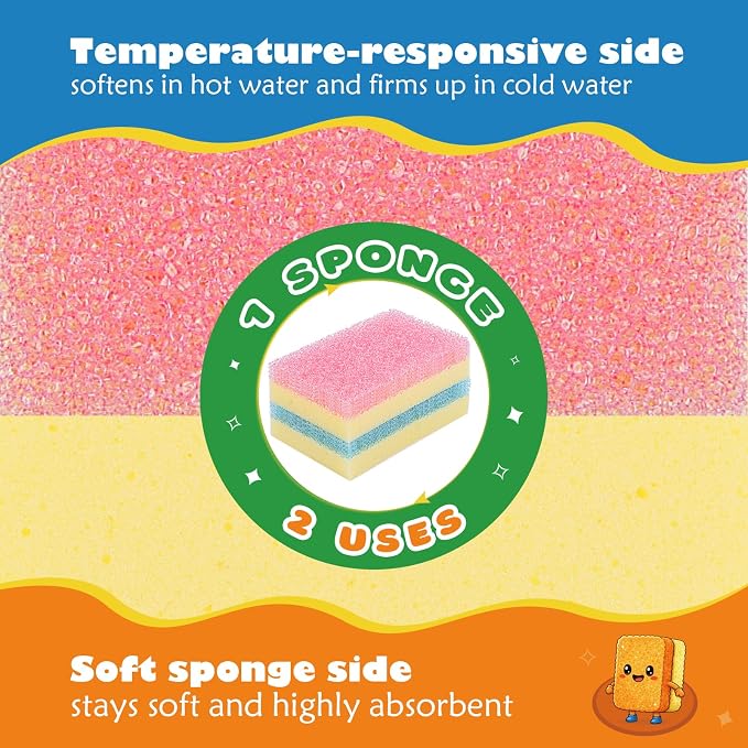 UNIMADE Scrub Sponge, Temperature Responsive Dual-Sided Cleaning Sponges, Non-Scratch Dish Sponge for Kitchen, Soft in Warm Water & Firm in Cold, 6 Pack