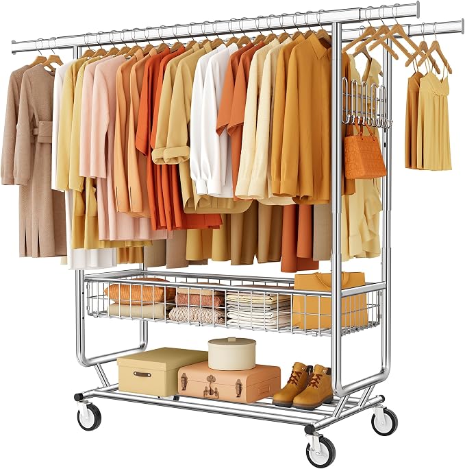 Gewudraw Clothes Rack Heavy Duty Load 1060 LBS With 4" Wheels,Commercial | Double Rod Rolling Clothing Rack,Extendable,Basket,Shelf, Hooks,Garment Rack for Bedroom, Laundry Room & Retail Store,Silver