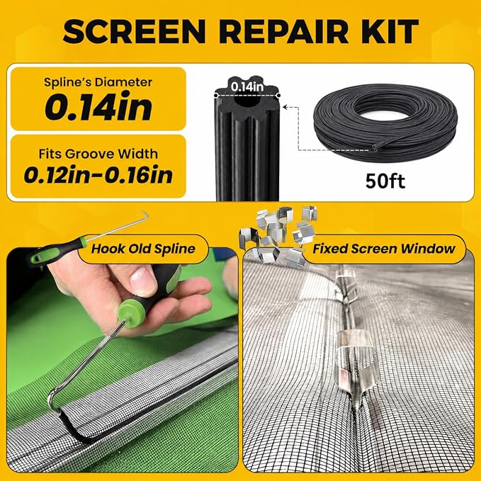 King&Charles Window Screen Replacement, 6in1 Window Screen Door Repair Kit | 59"x106" Gray Screen Mesh, Steel/Nylon Bearing Roller, 0.14in x 50ft Spline, 8 Clips & Hook for Windows, Doors, Patio & RV