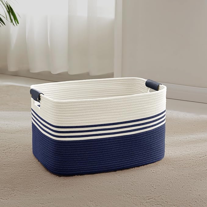 45L Small Woven Laundry Basket Hamper with Leather Handles,Navy | collapsible wicker hamper, storage for dirty clothes, toys, blankets, gifts, living room, bedroom, bathroom, 18"x14"x11"