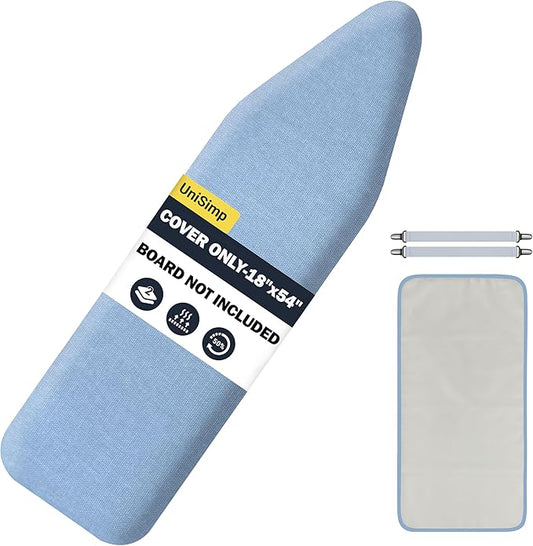 UniSimp Ironing Board Cover and Pad 18"x54" Extra Thick Natural Cotton, Scorch and Stain Resistant Iron Board Cover, Extra Large Iron Board Cover with Fasteners Heavy Duty Heatproof Elastic Edge Blue