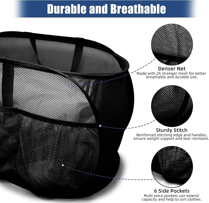 2 Pack Collapsible Laundry Baskets, Upgrade Pop Up Laundry Hamper with Convenient Bags, Foldable Laundry Basket Mesh Light Weight, Easy to Carry Clothes Hampers for Laundry, Dorm, Travel Black+Grey