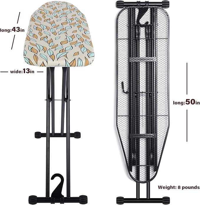 veiox Ironing Board with Heat Resistant Cover,Foldable Full Size Iron Board,Heavy Sturdy Legs,Height Adjustable,Wall Mount & Closet Hanger (13x43)