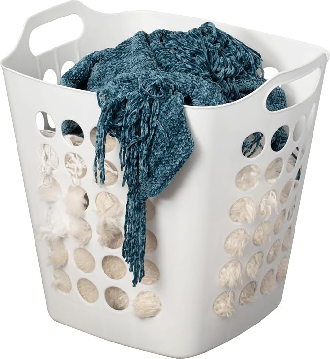 Flexible Plastic Laundry Basket - Square Storage Hamper with Side Handles for Easy Carrying - Versatile Organizer for Laundry, and Household Storage, White 50 Litter