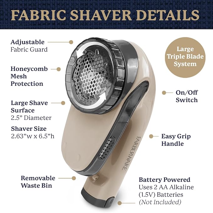 Farberware Fabric Shaver & Lint Remover for Clothing, Large, Triple Blade | Sweater shaver removes pilling, fuzz, and lint balls from clothes, couch, and furniture, battery operated