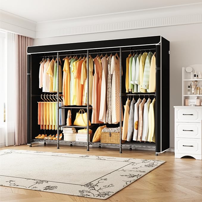 ULIFHOME Clothes Rack with Cover, Large Clothing Racks for Hanging Clothes | H41C Heavy Duty Garment Rack, Adjustable Shelves and Rods, Max Load 1150 Lbs, Black Portable Closet Rack with Black Cover