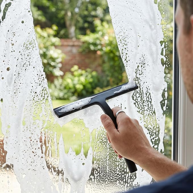 Shower Squeegee for Glass Doors, Mirror Window Tile Scrubber Cleaner with Hook Silicone (Black)