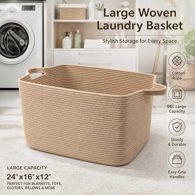 96L Woven Laundry Basket with Handles, Extra Blanket Basket,Jute | 24"×16"×15" Collapsible Cotton Rope Storage Basket for Toys Clothes & Pillows, Nursery, Bathroom, Bedroom, Living Room