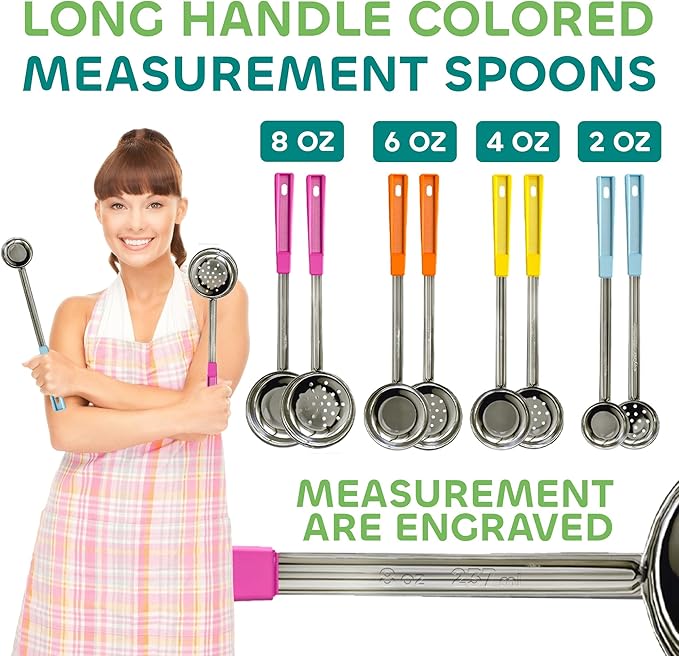 Portion Control Serving Spoons - (8 Piece Set) Restaurant Measuring Serving Ladle Utensils for Weight Loss, Bariatric Gastric Sleeve, Includes 2, 4, 6, 8 oz Solid & Perforated Scoops, 14-1/4" Long