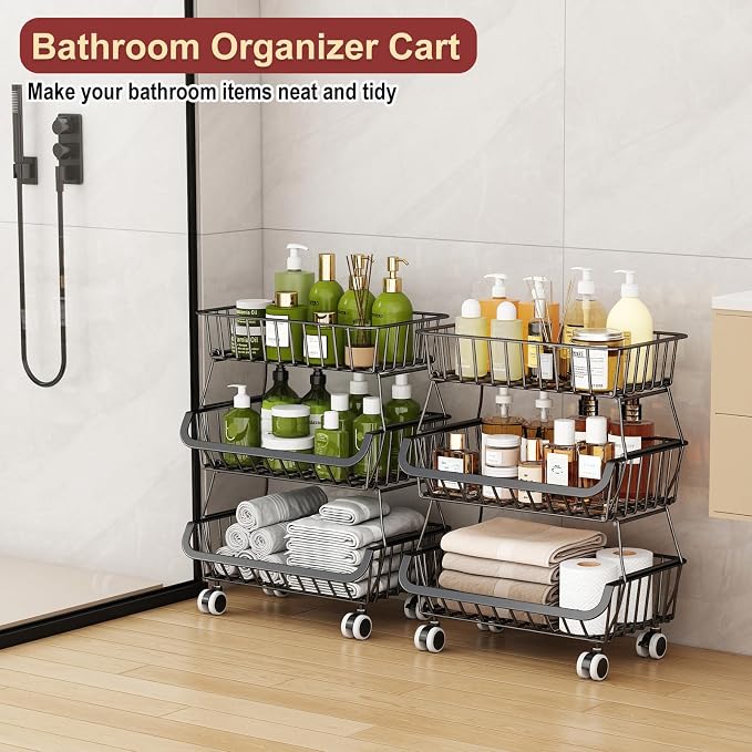 3-Tier Rolling Pantry Cart with Wheels, Stackable Wire Storage Floor Organizer for Kitchen Pantry Snack Shelves, Fruit Basket Stand, Vegetable Storage Rack for Food Snacks Onion Potato, Black, 2 Pack