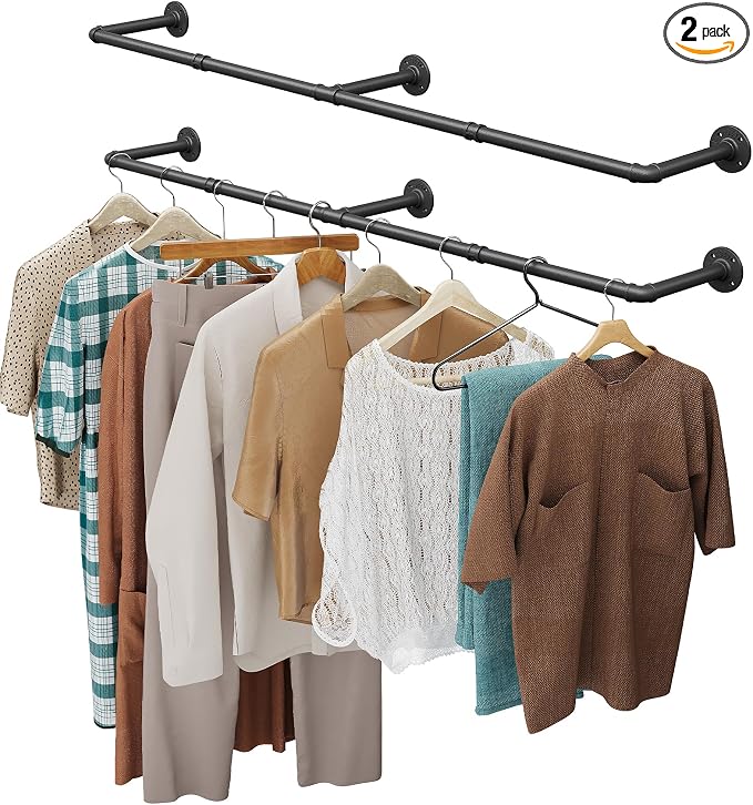OROPY 65.7" Heavy Duty Industrial Pipe Clothes Rack for Hanging Clothes 2PK | Wall Mounted Clothes Bar, Space Saving Iron Garment Rack, Multi-Purpose Hanging Rod for Bedroom, Closet, Black, 3 Base