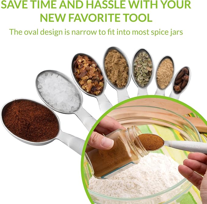 Spring Chef Stainless Steel Measuring Spoons Set of 7, Oval Metal Teaspoon & Tablespoon Measuring Spoons - Nesting Kitchen Gadgets For Baking & Cooking, Dual Measurements - Dry & Liquid Ingredients