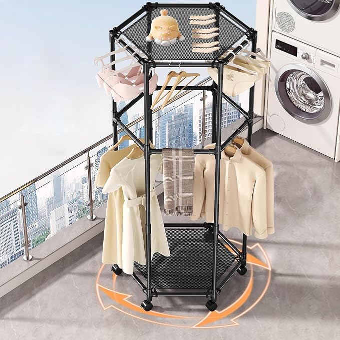 Clothes Rack with Wheels, Hexagonal Rolling Clothing Rack for Hanging Clothes, Clothes Drying Rack, Freestanding Garment Rack for Balcony, Living Room,White,1 Tier