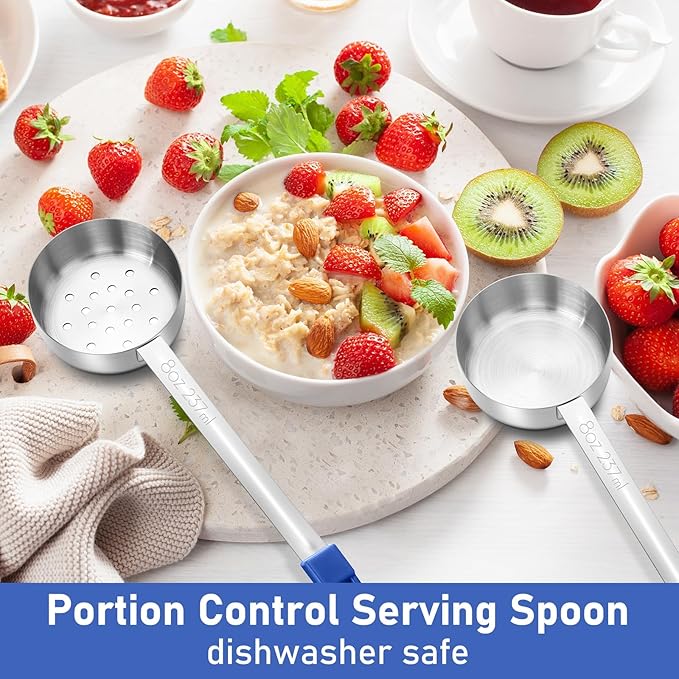 Teenyyou 2 Pcs Portion Control Serving Spoons, Restaurant Measuring Serving Ladle Utensils, Portion Spoons for Weight Loss, Kitchen(Blue,8 oz,Solid and Slotted)