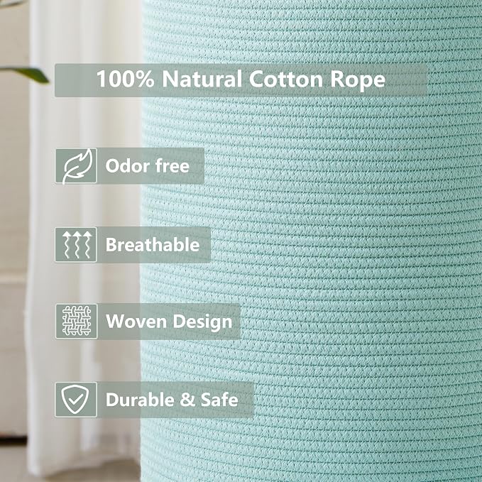 Tall Green Hamper Cotton Rope Laundry Basket 15Dx20H Inches | Woven Basket for Clothes Blanket Storage in Bedroom Living Room for Baby Nursery Kids Toys Organize 60L Large Capacity