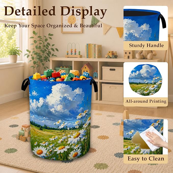 Sunny Daisy Meadow Laundry Basket with Handles, Foldable Tall Oxford Clothes Hamper, Lightweight Water-Resistant Storage Bin for Bedroom Bathroom College Dorm, 16 x 20.8 Inch