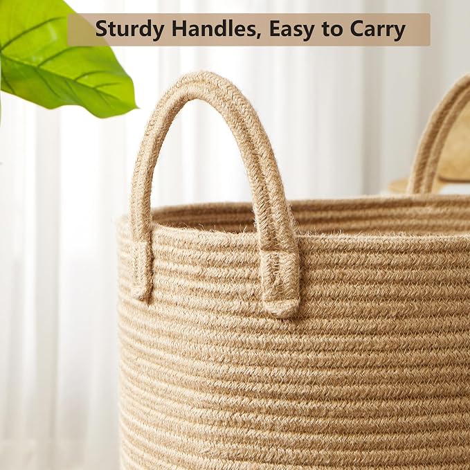 Jute Woven Hamper Laundry Basket Tall Wicker Hamper 60L Large | Rope Clothes Hamper Rattan Blanket Basket in Living Room Bedroom Baby Kids Hamper 15Dx20H Inches