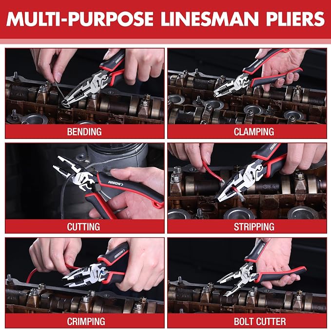 ARROW 6-in-1 Linemans Pliers, 8" Multipurpose Linesman Pliers, Side Cutters | Premium CRV Steel, Combination Pliers, For Wire Cutting, Gripping, Crimping, Stripping