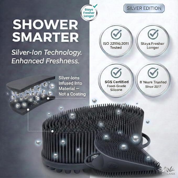 Avilana Silicone Body Scrubber for Shower – SGS Certified Food Grade Dual Sided Bath Brush, Gentle Exfoliating Silicone Loofah Alternative, Sensitive Skin Body Brush (Blue-Silver, Body & Face)