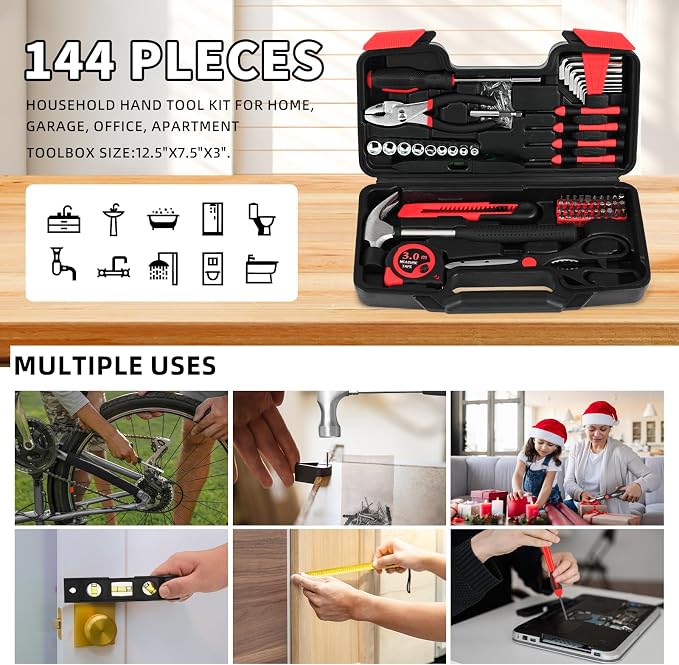 144-Piece Red Home Tool Set, Household Hand Kit with Plastic Toolbox | Basic repair tools for women & college students, all-purpose dorm set for home, apartment, office & daily household DIY use