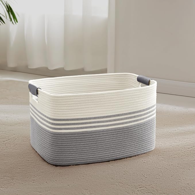 45L Small Woven Laundry Basket Hamper with Leather Handles,Grey | collapsible wicker hamper, storage for dirty clothes, toys, blankets, gifts, living room, bedroom, bathroom, 18"x14"x11"
