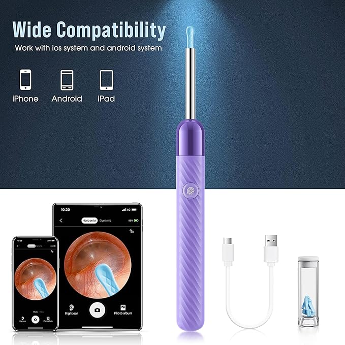 LEIPUT Ear Wax Removal Tool - Ear Cleaner with 1080P Camera - Ear Canal Cleaner - Ear Cleaning Kit with 6 Ear Spoon - Ear Camera for iOS & Android - Purple