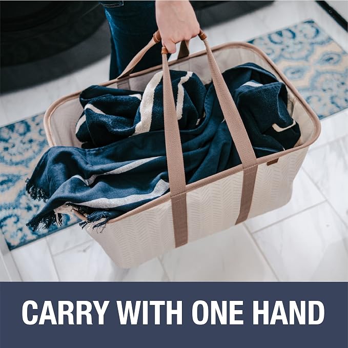 CleverMade LUXE Collapsible Laundry Tote, 50L, 2 Pack, Cream | Cotton-blend fabric and vegan leather accents add a polished look. Long handles balance 55 lb loads, and the tote folds flat.
