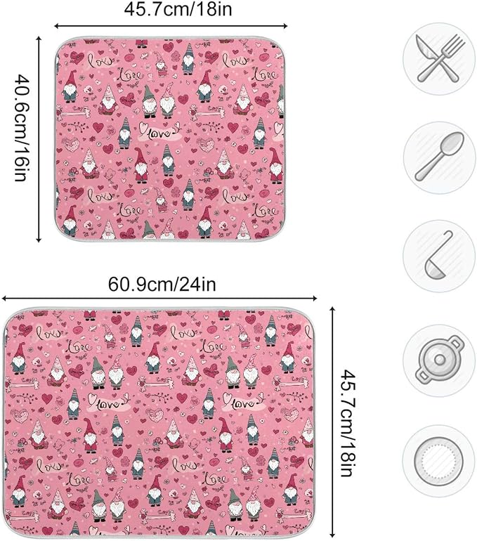 Happy Valentine’s Day Pink Dish Drying Mat for Kitchen Countertop 18x24 Love Gnomes Love Heart Gift Large Drying Mat Reusable Quick Dry Dish Sink Mats Easy Clean Decorative Essentials