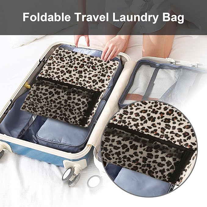 Laundry Bag Backpack Durable Laundry Bag with Shoulder Straps and Mesh Pockets Portable Laundry Hamper Dirty Clothes Bag for College, Travel, Laundromat, Apartment (Leopard Print)