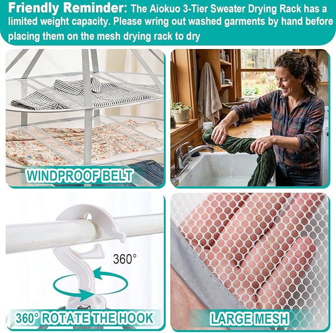3-Tier Folding Mesh Clothes Drying Rack, Hanging Sweater Dryer for Laundry, Large Foldable Flat Dry Hanger, Portable Mesh Clothes Drying Net for Delicate Garments