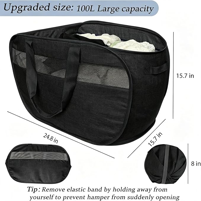 100L Extra Large Collapsible Laundry Baskets 2 Pack. | Foldable Extra Large Dirty Clothes Bin with Reinforced Handles, Portable for Dorm Travel Camping Bedroom, Black