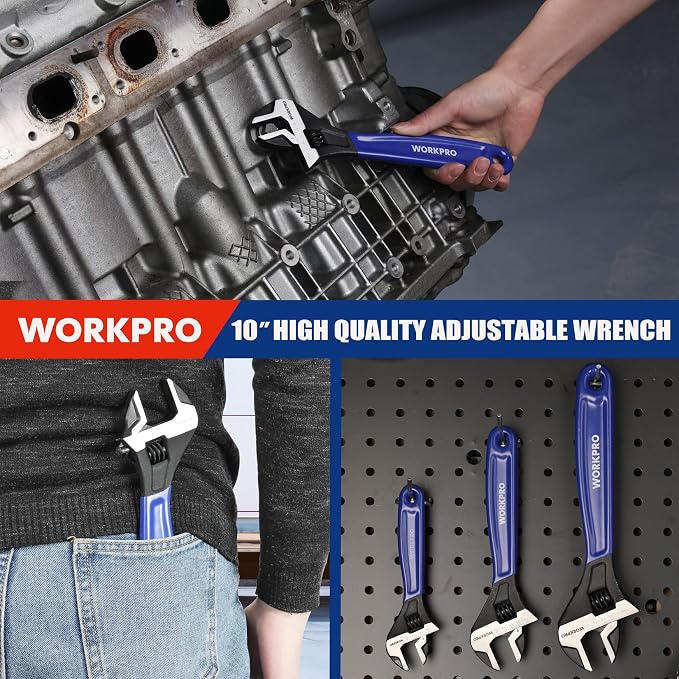 WORKPRO 10-Inch Adjustable Wrench, Cr-V Steel Wide Jaw Black Oxide Wrench | Metric & SAE Scales,Ideal for Home Repairs, Garage, Workshop and DIY Applications