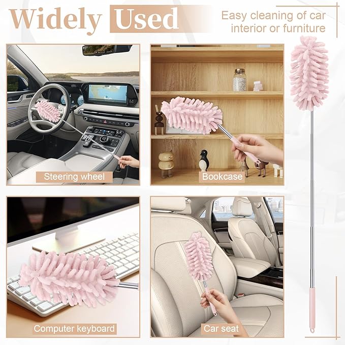 2 PCS Car Interior Duster with Extension Pole, Dusters for Cleaning | Microfiber Car Dusters with Bendable Head, Duster Interior & Exterior Scratch Free for Vehicle, Offices, Window (Pink)