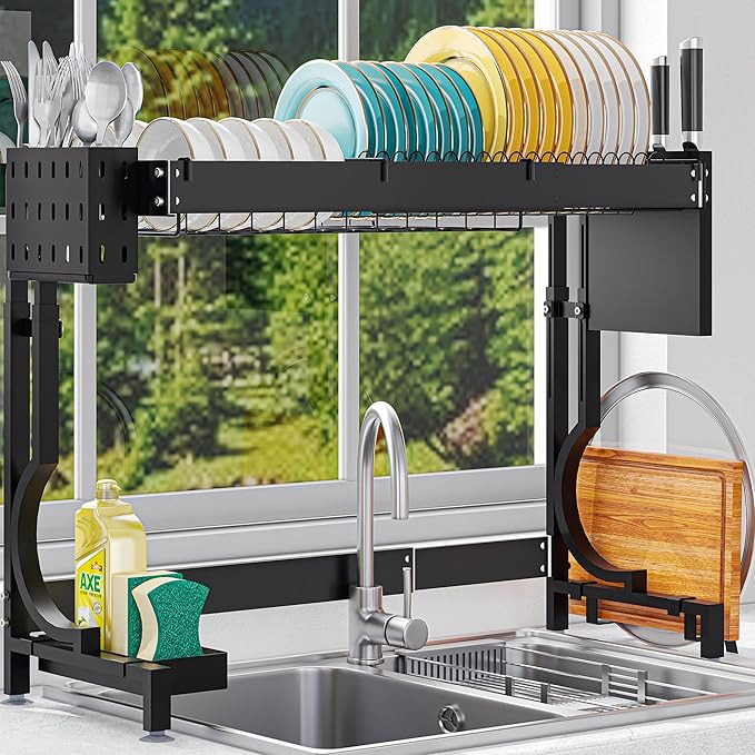 Over the Sink Dish Drying Rack, Height & Width Adjustable Stainless Steel | Large-Capacity Expandable Dish Rack with Utensil & Knife Holders,Hooks for Space-Saving Kitchen Storage | Fits Most Sinks
