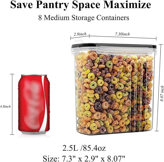 Wildone Airtight Food Storage Containers with Lids | 8pcs Plastic Kitchen and Pantry Organization Canisters for Cereal, Flour and Sugar, BPA Free, Includes 20 Labels, 2.5L/85.4oz