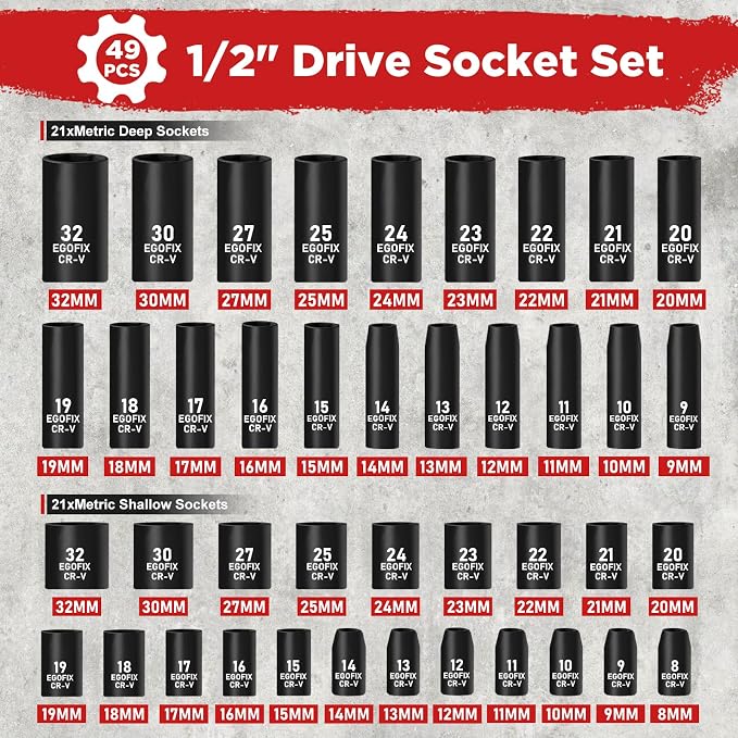 1/2" Drive Impact Socket Set 49 Piece, Standard and Deep Metric Socket (9-25mm, 27, 30, 32mm), Includes Extension Bars, Universal Joint and Adapter, 6 Point Design,Cr-V steel