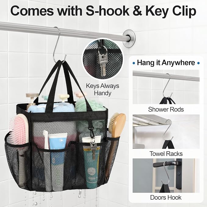 Mesh Shower Caddy Portable with Dividers - 2-Handle Shower Bag for Dorm | 8 Deep Pockets, S-Hook, Quick-Dry Mesh, College Dorm Room Essentials for Girls, Camping, Gym, Travel & Bathroom, Black