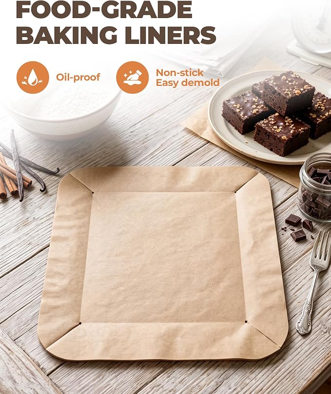 Bake Choice 8 x 8 Inch Square Brownie Cake Pan With 30 Pre-Cut Parchment Liners, Carbon Steel Non-Stick Baking Pan for Baking Toast Cakes Banana Breads, Homemade Dessert Bakeware
