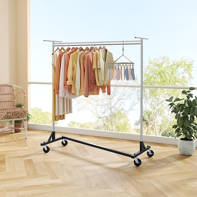 Hoctieon Z Clothes Rack with Cover, Metal Heavy Duty Clothing Rack, Rolling Garment Rack with Wheels, with Dustproof Cover Waterproof Protector, with 2 Durable Zippers, for Hanging Clothes, Chrome