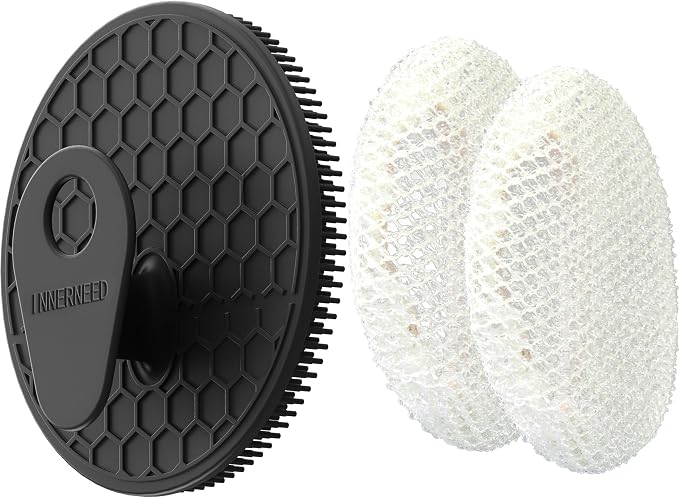 INNERNEED Food-Grade Silicone Body Scrubber Gentle Cleansing Brush with Exfoliating Net Sponge Bath Scrubbing Washcloth Case, More Hygienic and Well Lather (Black Set)
