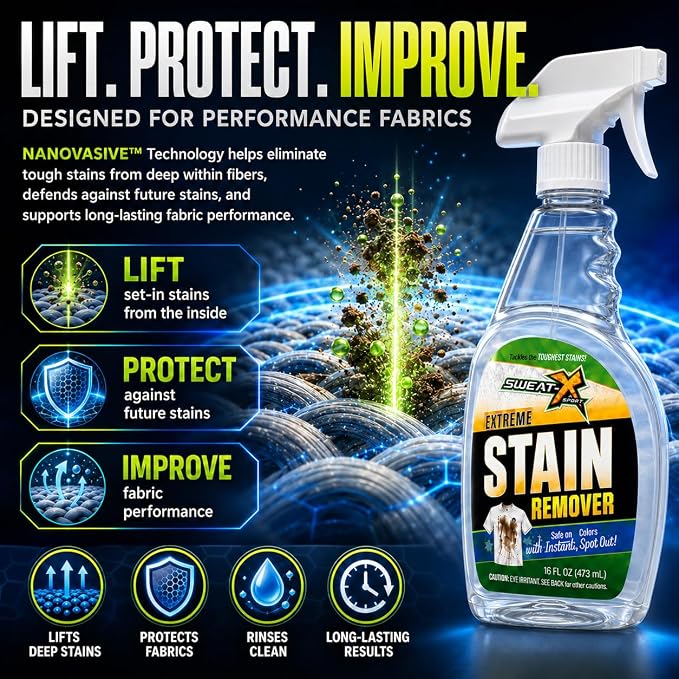 SWEATX Extreme Stain Remover Spray for Clothes and Activewear, 16 fl oz | No Wash Multipurpose Deodorizer for Stinky Shoes, Gym Bags and Sports Equipment, Concentrated Non Toxic Formula