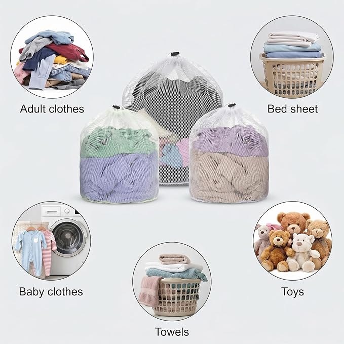 3 Pcs Mesh Laundry Bags, Drawstring Net Bags for Laundry Mesh Wash Bag Garment Bag for Washing Machine Home College Dorm Hotel Travel Family and Apartment Dwellers Use (3 Sizes)