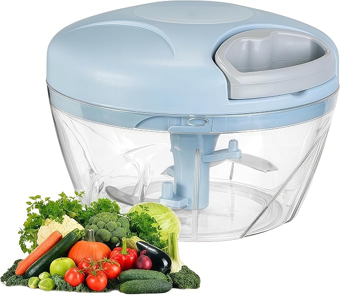 Manual Food Processor Vegetable Chopper, Portable Hand Pull String Garlic Mincer Onion Cutter for Veggies, Suitable for Vegetables, Ginger, Garlic, Fruits, Onion, Potato, Salad (Blue 500 ml)