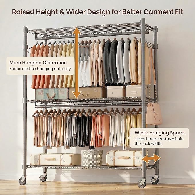 Homdox Rolling Clothes Rack Heavy Duty, 3-Tier Adjustable Wire Shelving Garment Organizer with Double Rods & Hooks, Portable Clothes Rack with Wheels, 17.72" D x 47.24" W x 80.71" H, Grey