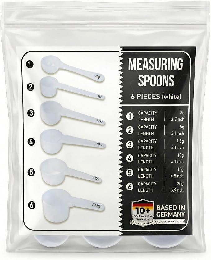 Measure spoons | measuring spoons set of 6 | exact dosing 3 gram scoop, 5 gram scoop, 7,5g, 10g, 15g, 30g | kitchen measuring set for powder and liquids | plastic medicine spoon and cups