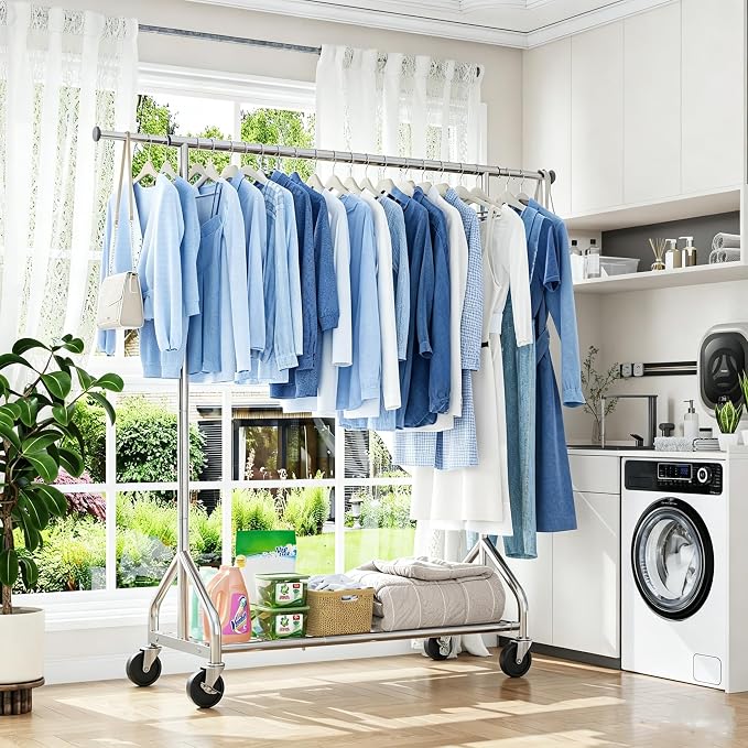 Simple Trending Heavy Duty Clothes Rack Load 450 LBS, Clothing Rack for Hanging Clothes, Garment Rack with Wheels & Shelves, for the Bedroom, Laundry Room