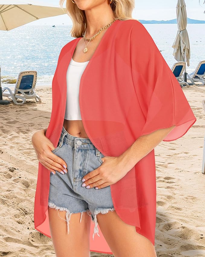 Women Kimono Cardigans Summer Cover Up Hawaiian Shirts Floral Print Tops | ROSEMIA chiffon kimono open front cardigans, beach cover ups, daily casual tops, cruise outfits, summer resort wear
