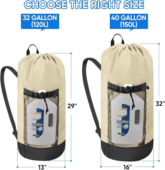 BALEINE 150L Laundry Bag Backpack, 900D Oxford Fabric Large Travel Laundry Bags with Shoulder Straps and 2 Mesh Pockets for College Dorm, Apartment, Laundromat (Beige, 150L)