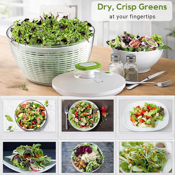 Brieftons Large 6.2-Quart Collapsible Salad Spinner: Manual One-Handed Pump Vegetable Washer Dryer Drainer Strainer, BPA-Free Bowl, Basket Colander & Lid, Compact Storage, for Greens Herbs Fruits